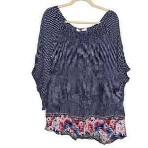 Terra & Sky Womens Navy Gingham Floral Print Blouse 2X 20W-22W Elastic Neckline